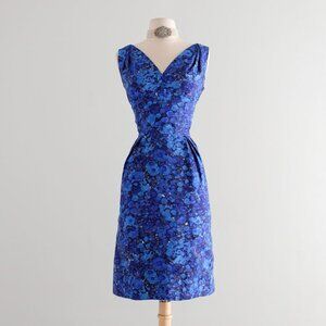 Xtabay Vintage 1960's Abstract Floral Blue Silk Cocktail Dress Lord & Taylor M